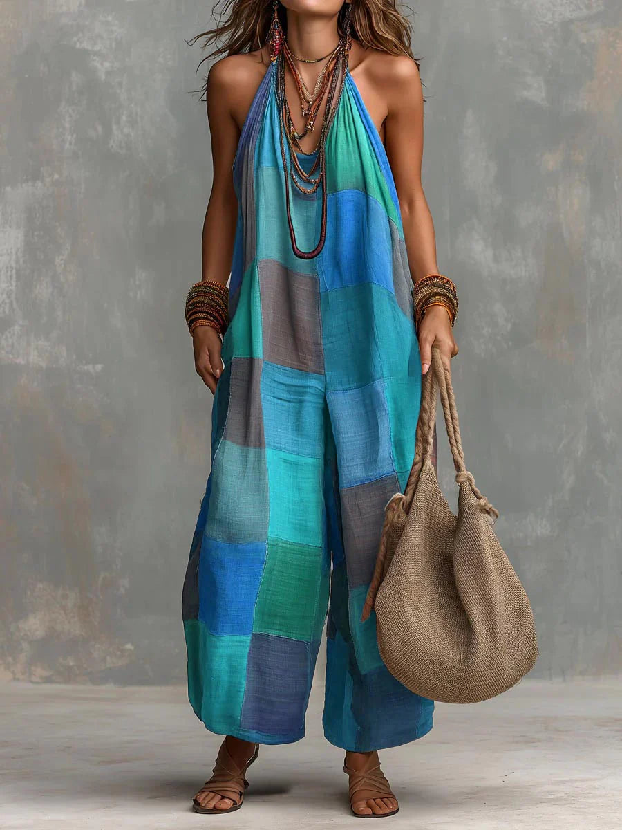 Combinaison patchwork à col halter et jambes larges
