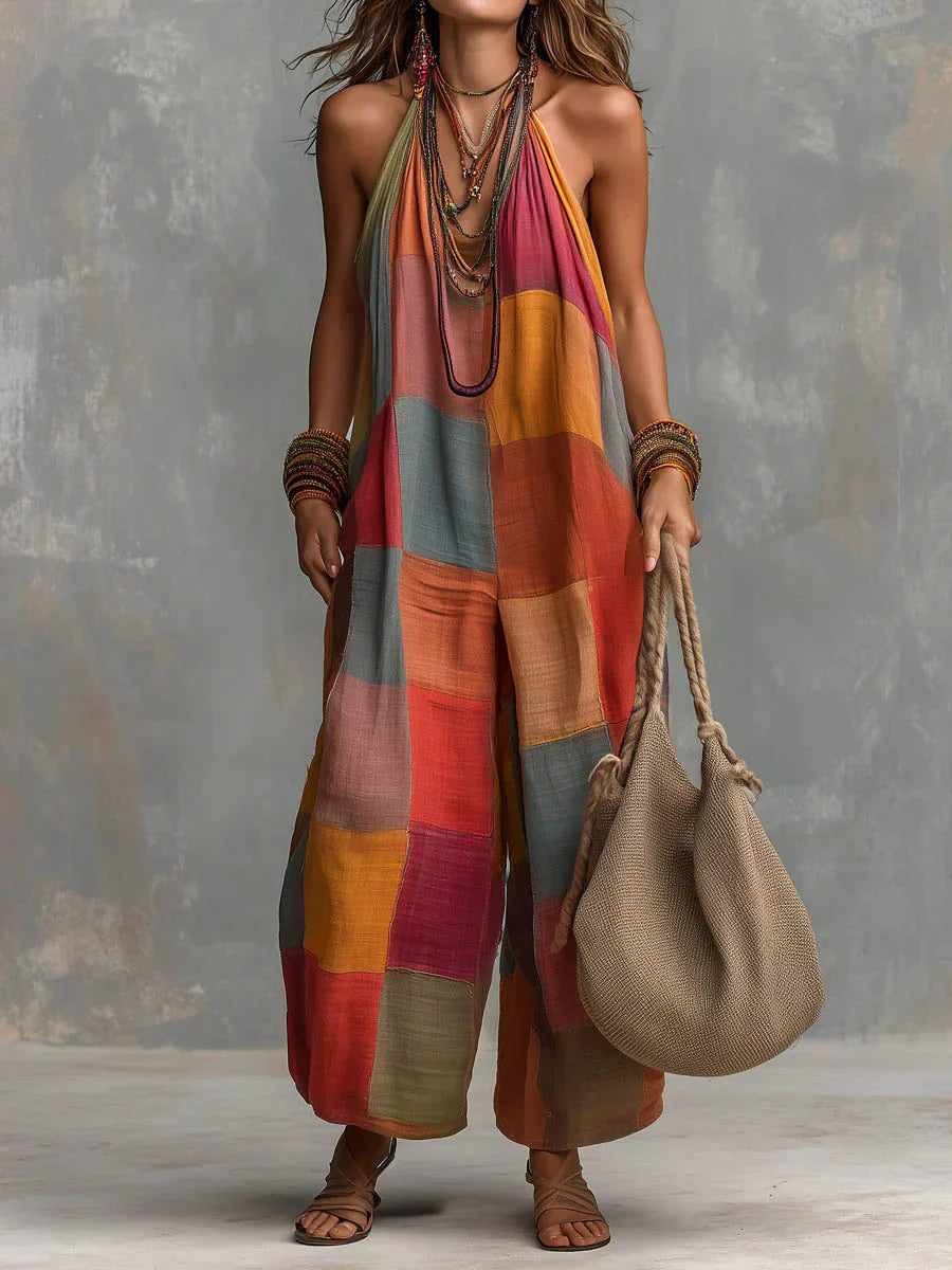 Combinaison patchwork à col halter et jambes larges