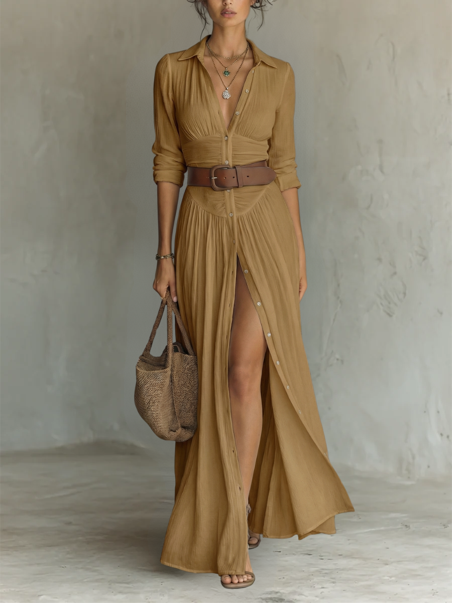 Aurelia™ | Robe maxi en lin longue avec col à revers et manches longues