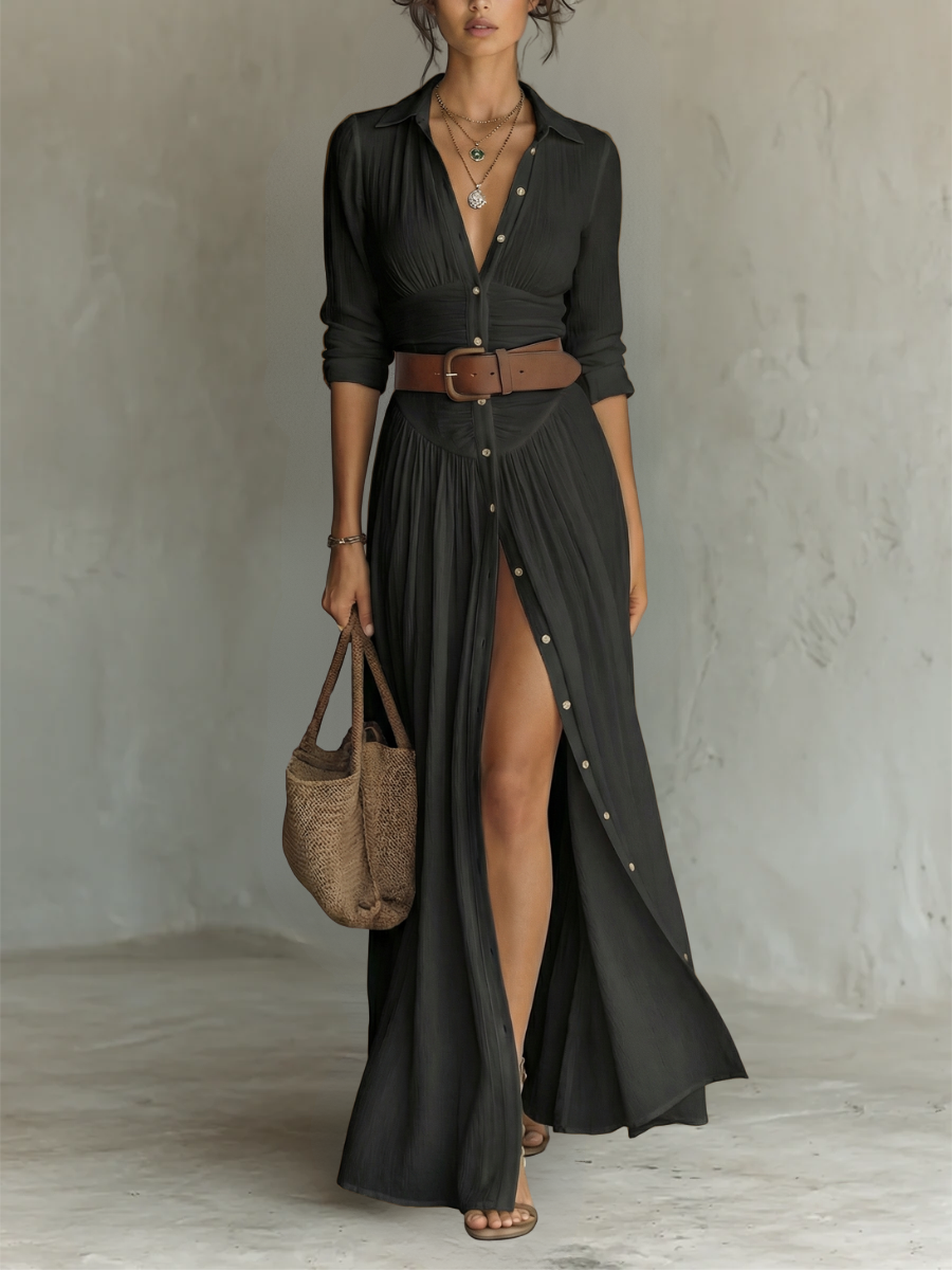 Aurelia™ | Robe maxi en lin longue avec col à revers et manches longues