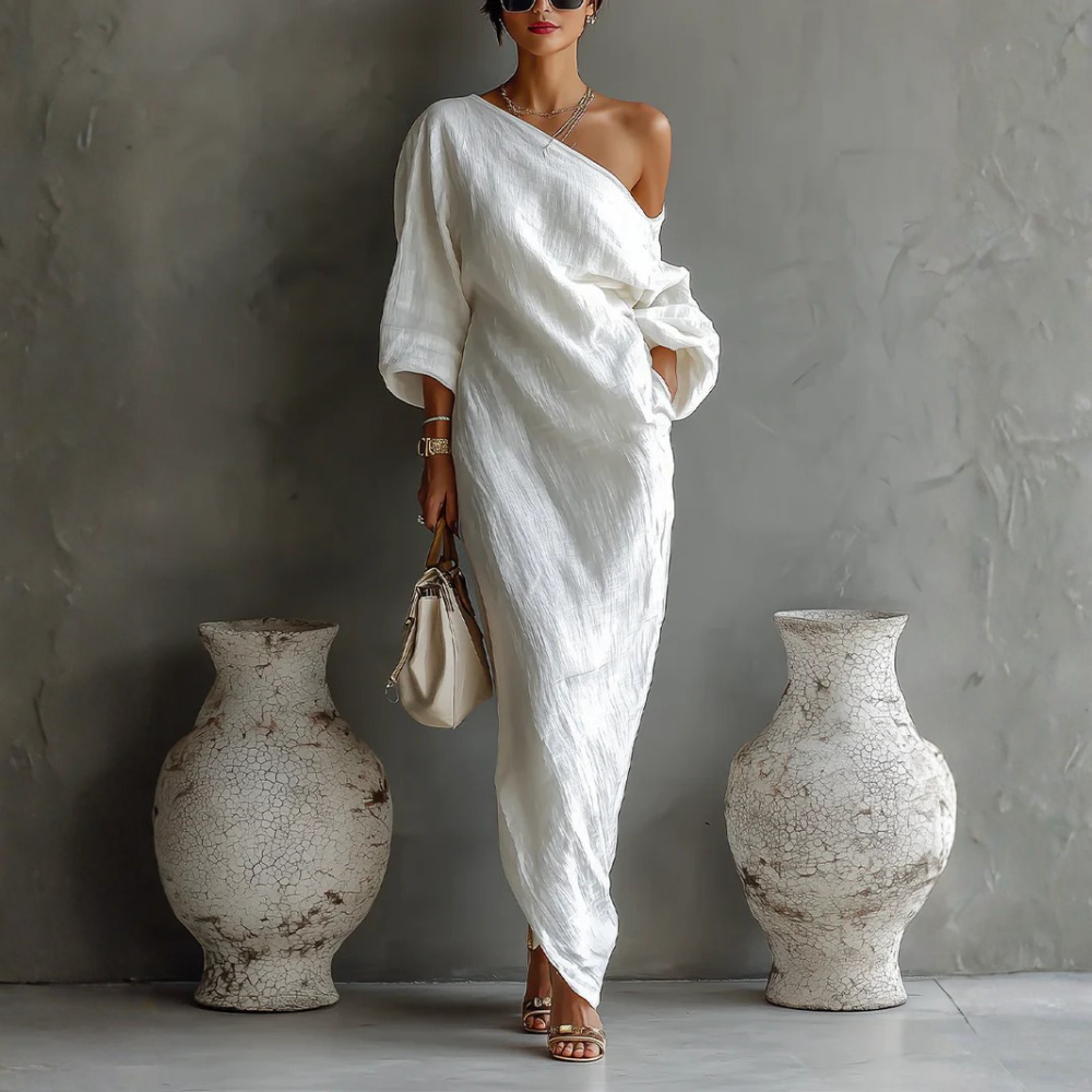Elise™ | Élégante robe maxi à une épaule – blanc