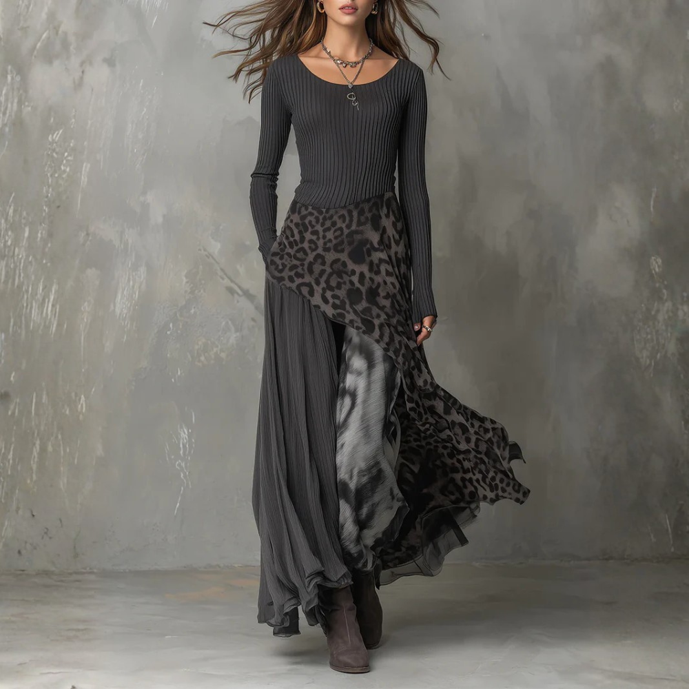 Robe Longue à Rayures avec Imprimé Léopard