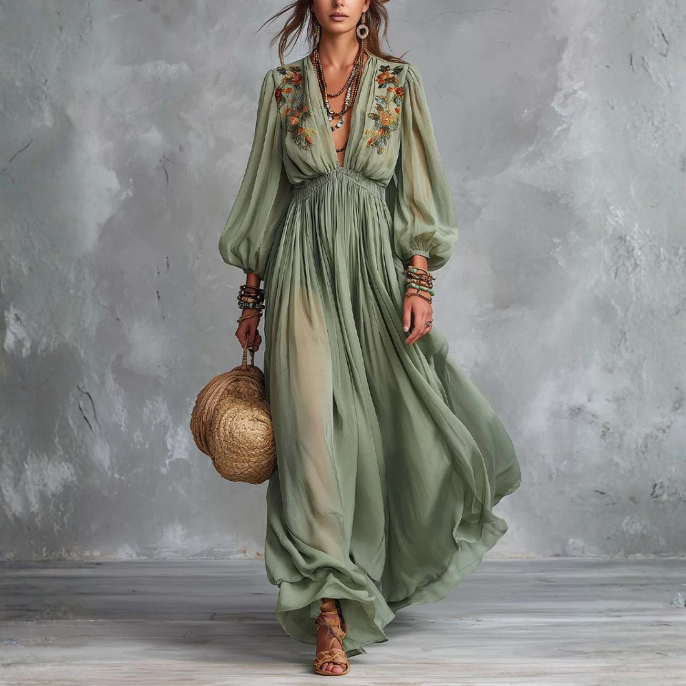 Élodine™ | Robe Maxi Bohémienne avec Imprimé Floral