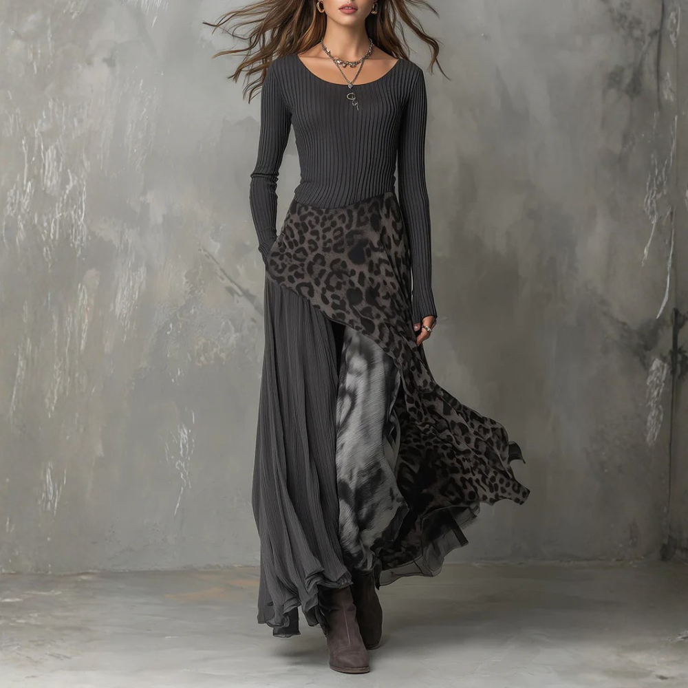 Robe longue rayée à imprimé léopard