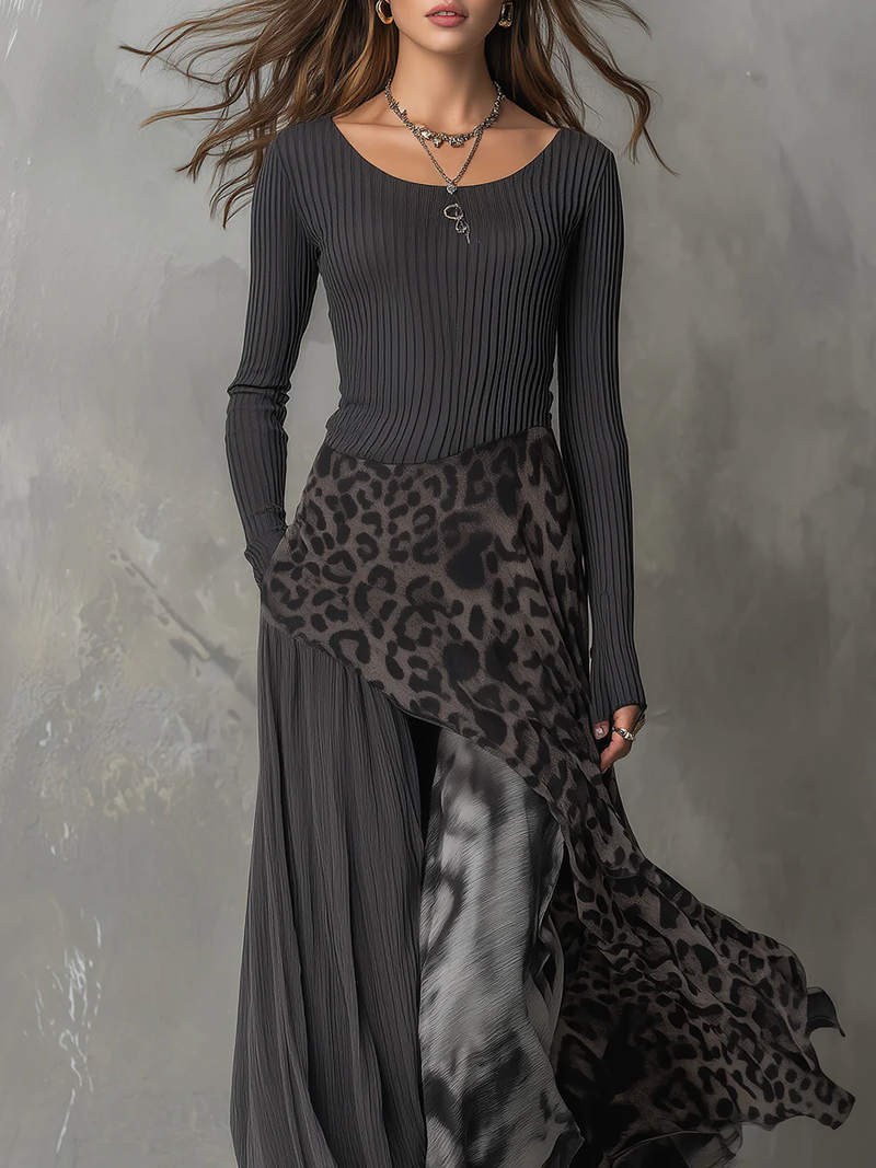 Robe Longue à Rayures avec Imprimé Léopard