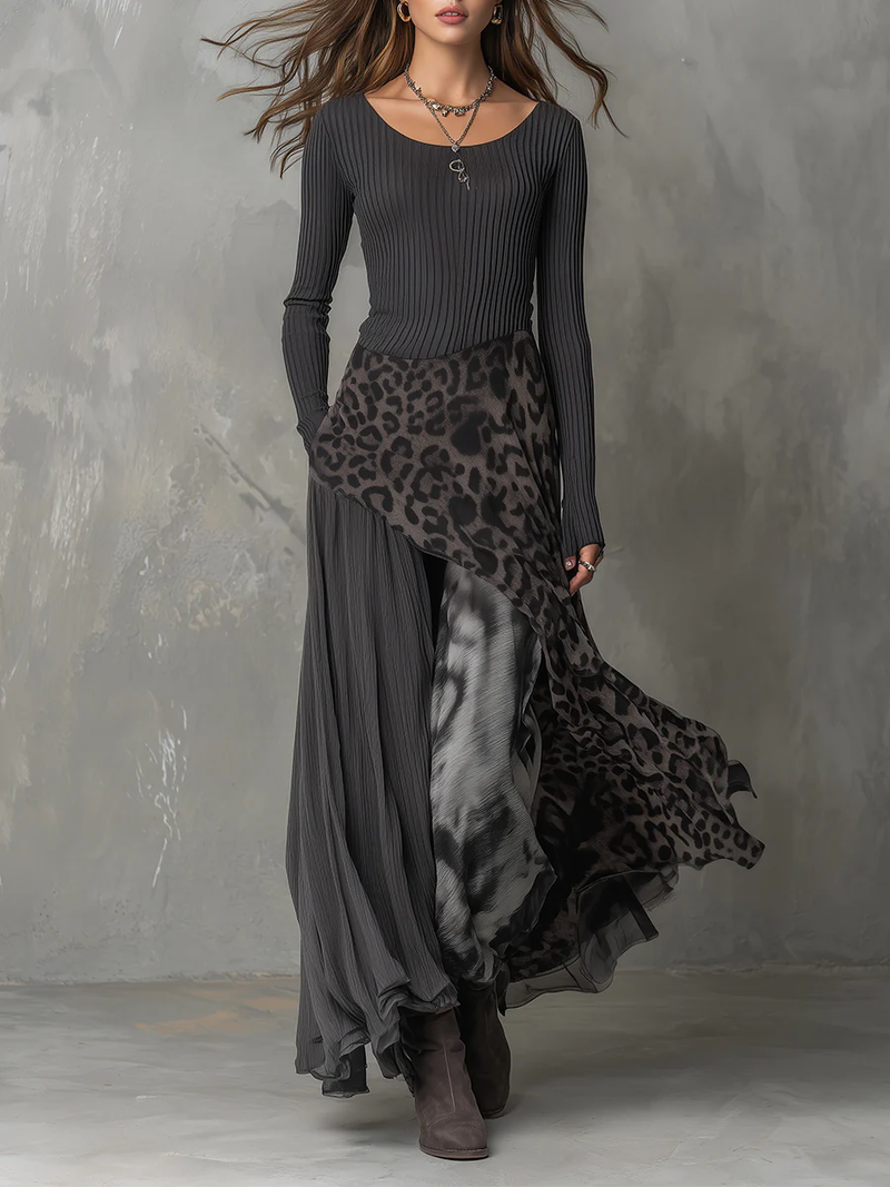 Robe Longue à Rayures avec Imprimé Léopard