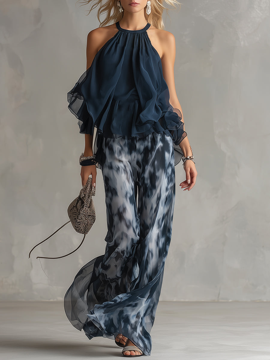 Ensemble élégant aérien avec top fluide et pantalon ample