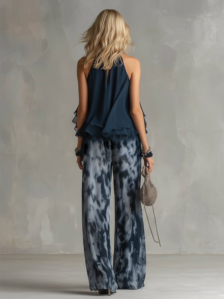 Ensemble élégant aérien avec top fluide et pantalon ample