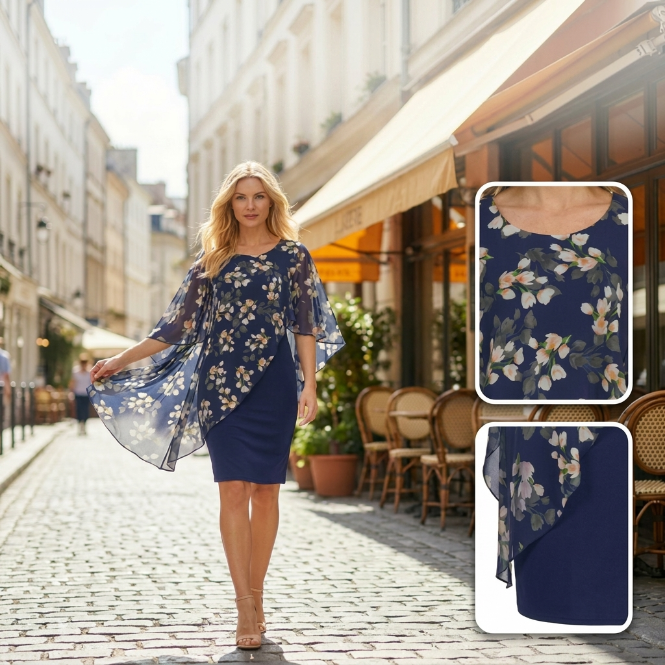 Robe fleurie avec cape élégante en mousseline