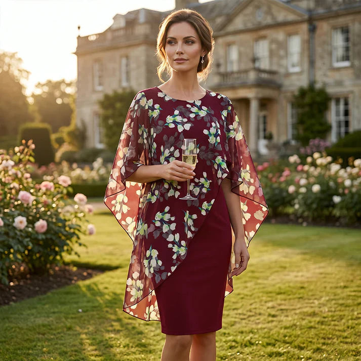 Robe fleurie avec cape élégante en mousseline