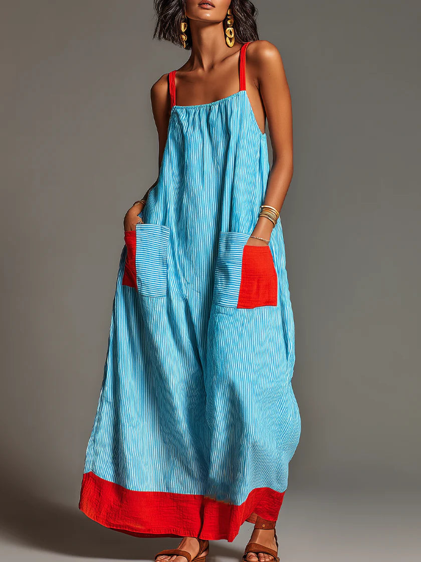 Robe longue à rayures avec détails rouges contrastants