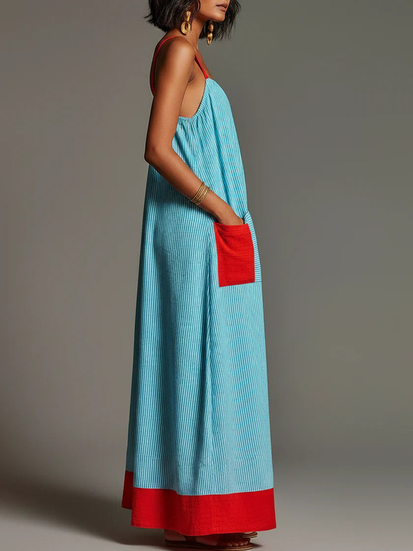 Robe longue à rayures avec détails rouges contrastants