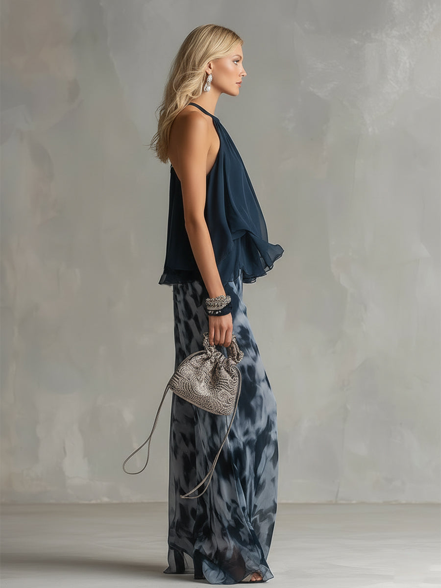 Ensemble élégant aérien avec top fluide et pantalon ample