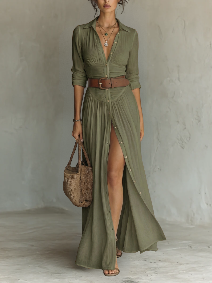 Aurelia™ | Robe maxi en lin longue avec col à revers et manches longues
