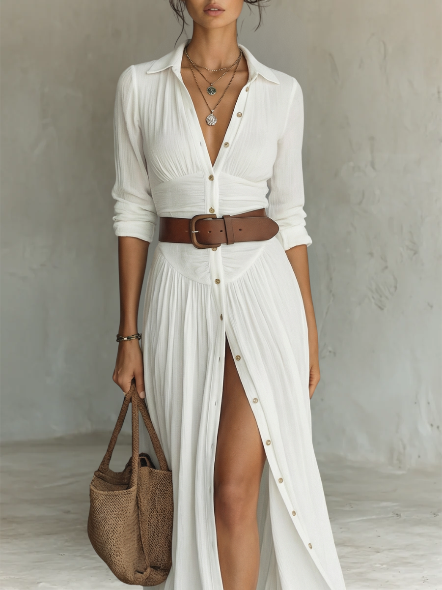 Aurelia™ | Robe maxi en lin longue avec col à revers et manches longues