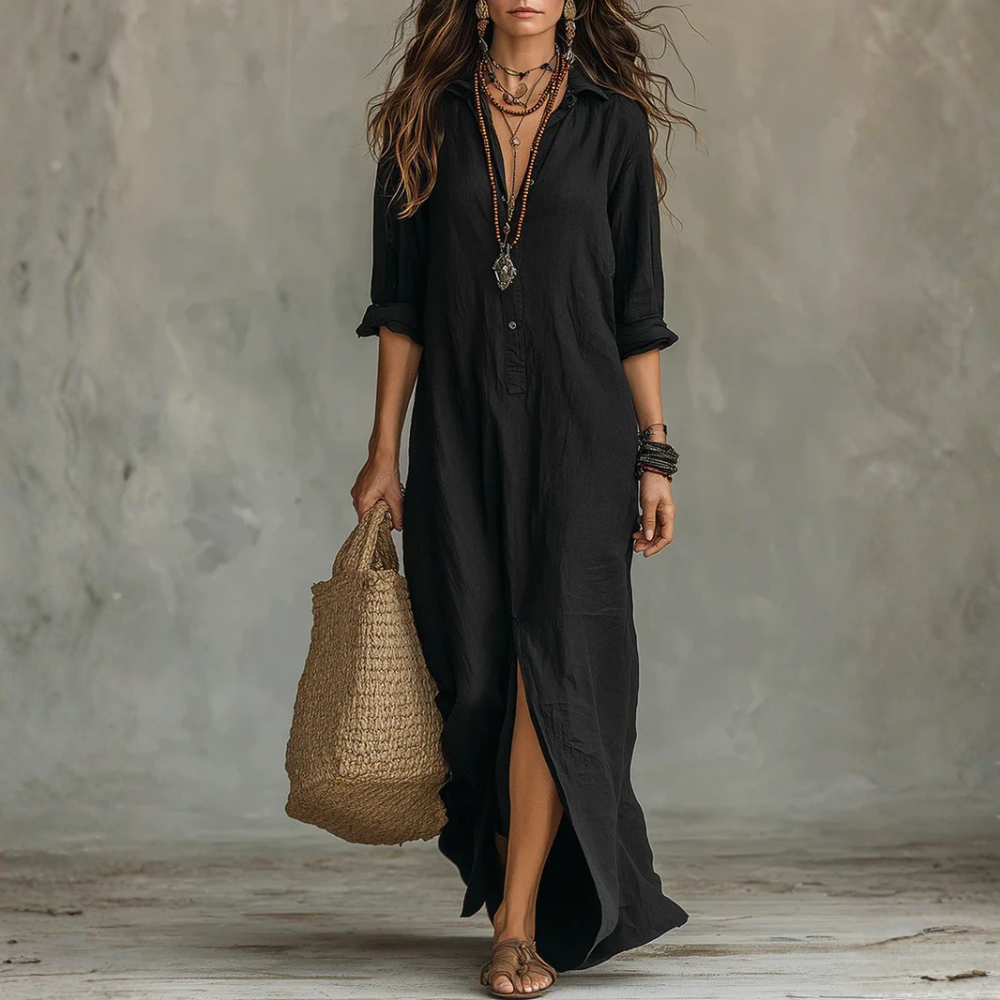 Soline™ | Robe maxi noire ample avec boutons