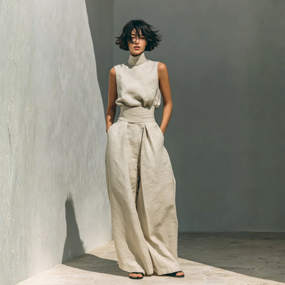 Maria™ | Ensemble complet avec top à col montant et pantalons larges en coton et lin