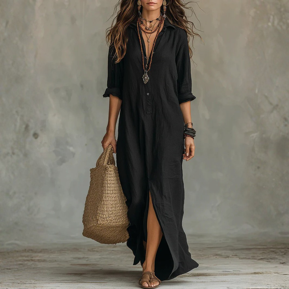 Soline™ | Robe Maxi Noire Longue avec Boutons