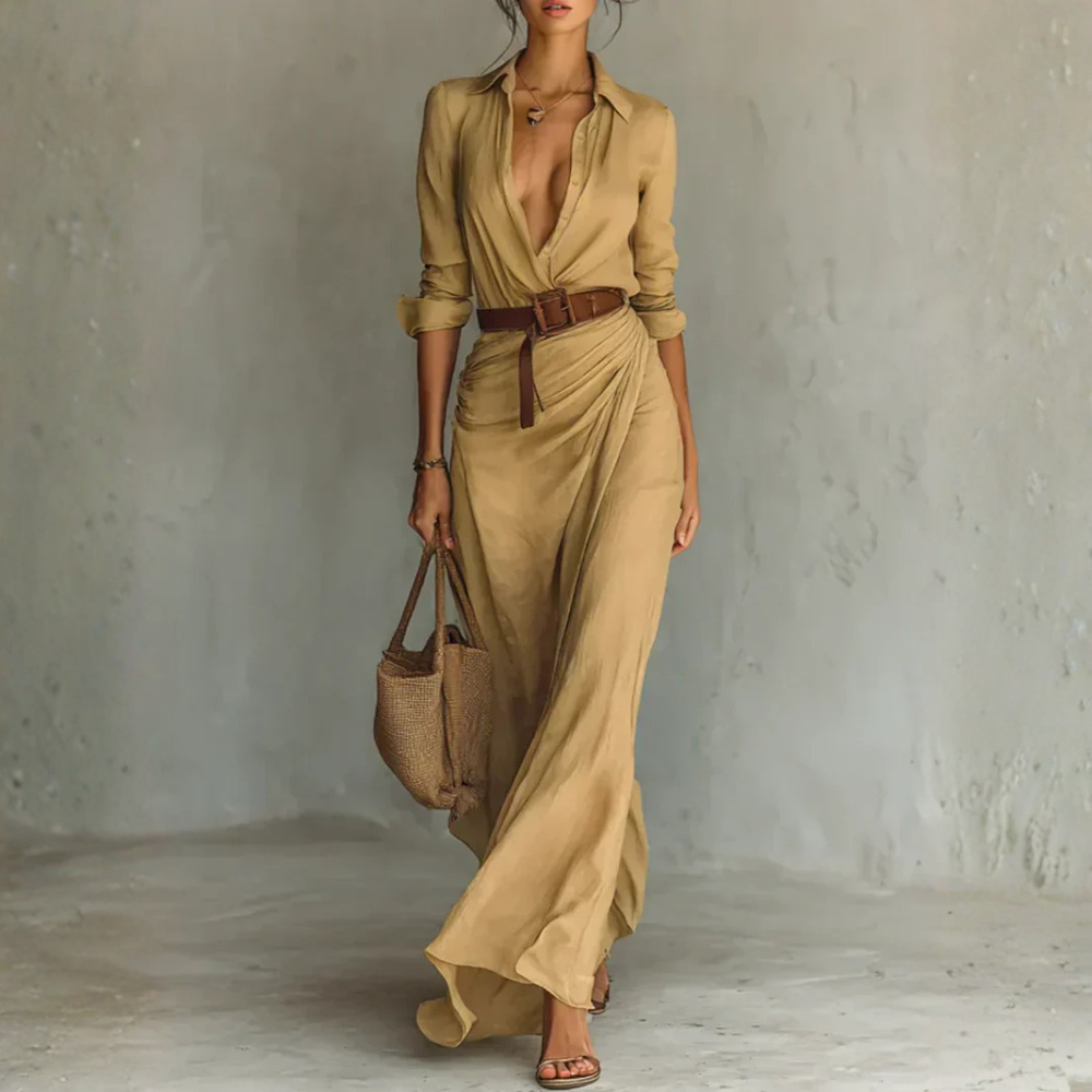 Camille™ | Robe Maxi avec Revers et Ceinture à la Taille