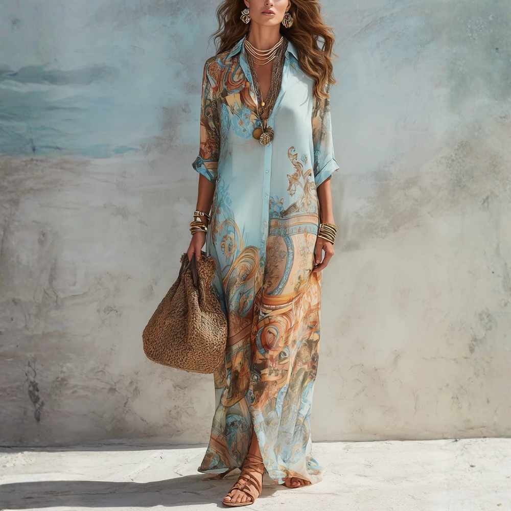 Robe-chemise longue imprimée et boutonnée sur le devant
