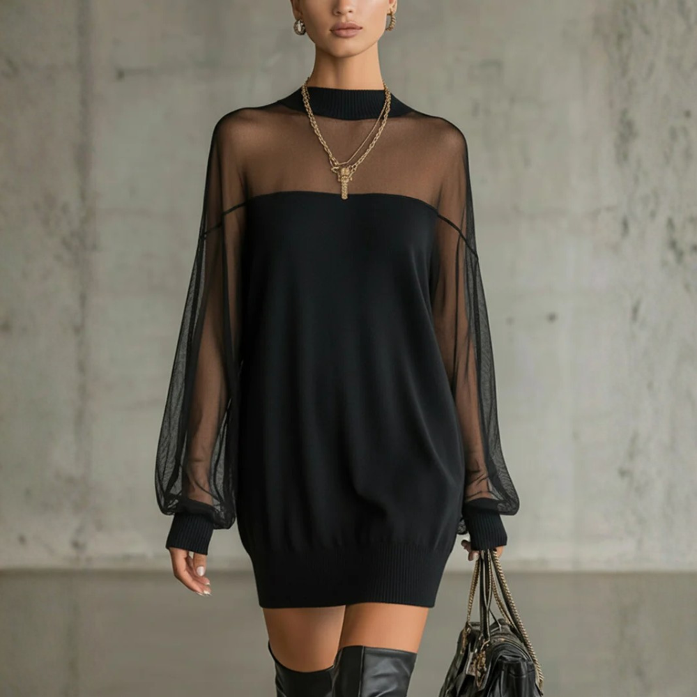 Amélie™ | Élégante Mini Robe Noire avec Manches en Résille