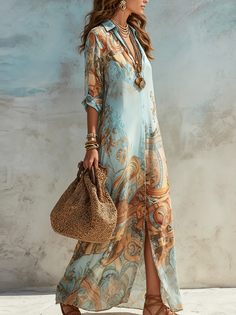 Robe-chemise longue imprimée et boutonnée sur le devant