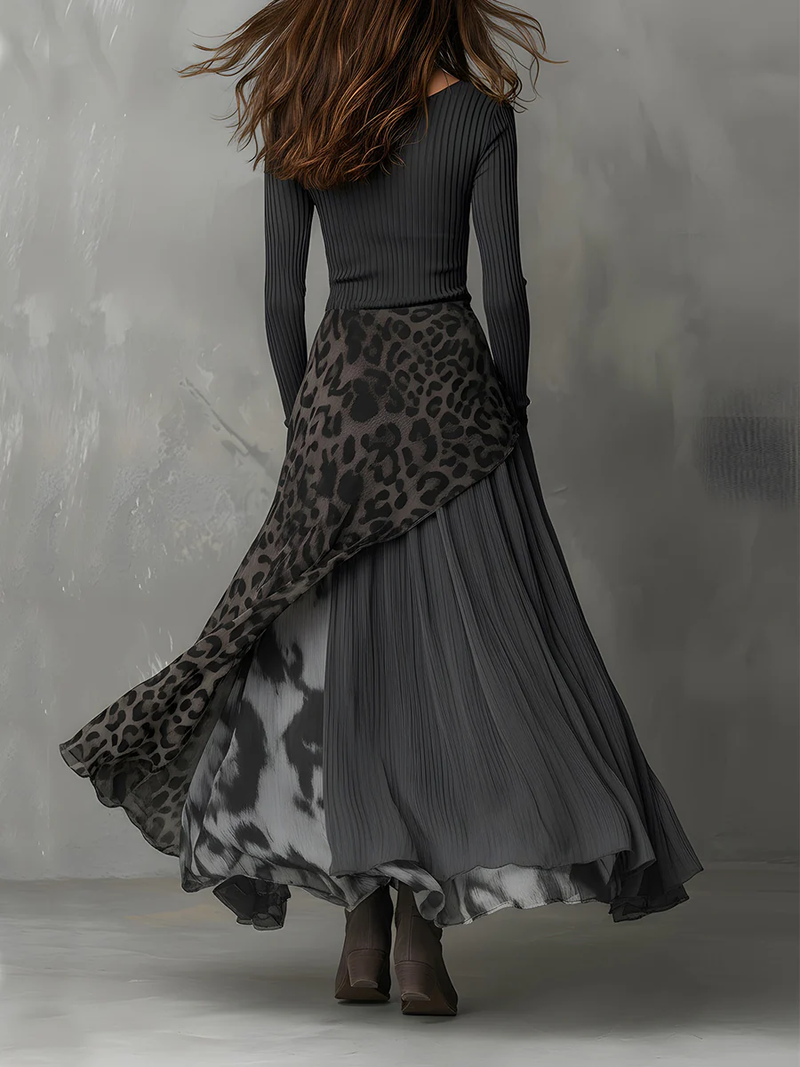 Robe Longue à Rayures avec Imprimé Léopard