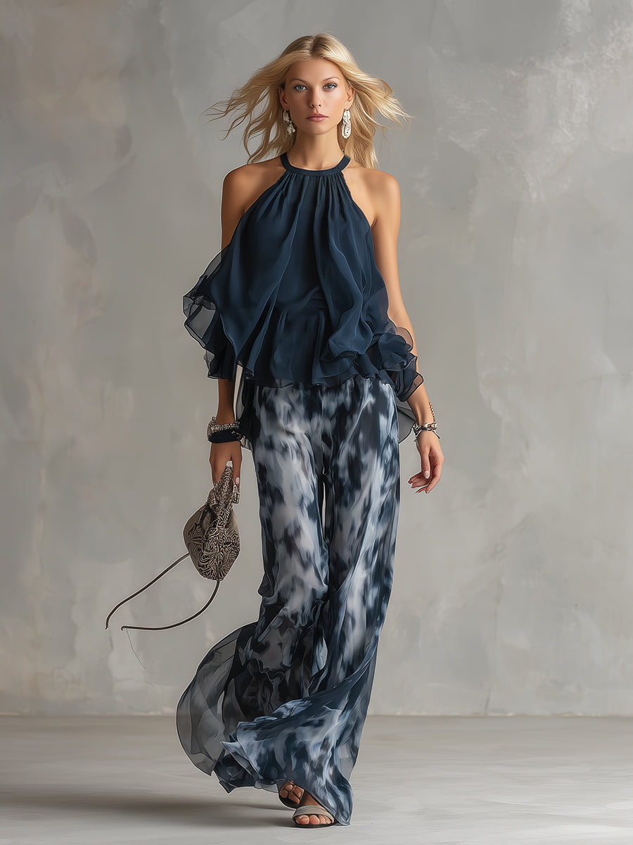 Ensemble élégant aérien avec top fluide et pantalon ample