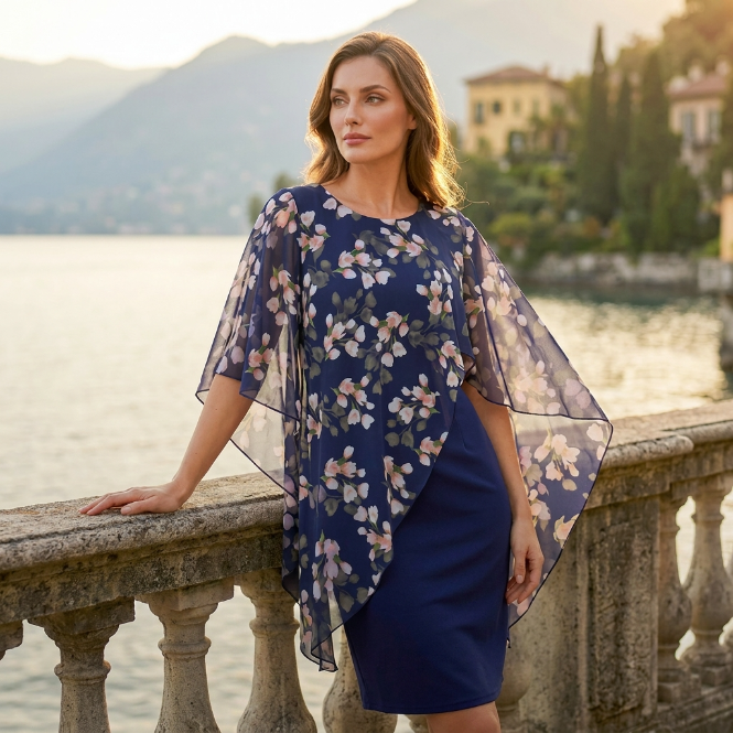 Robe fleurie avec cape élégante en mousseline