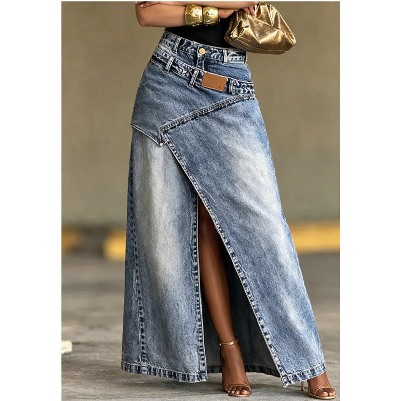 Jupe asymétrique en jean à volants et fente