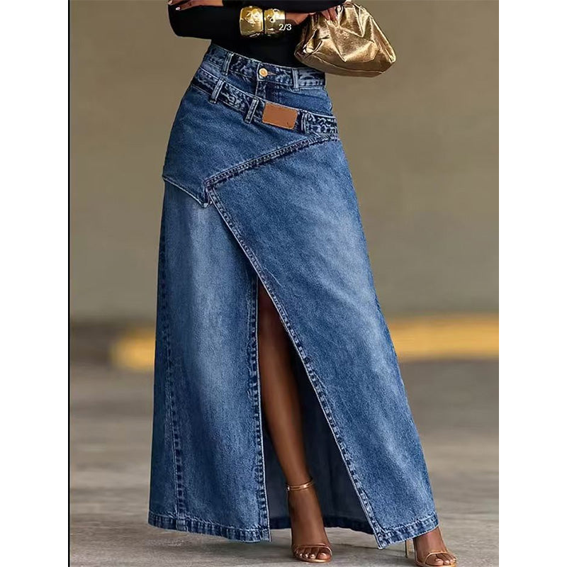 Jupe asymétrique en jean à volants et fente